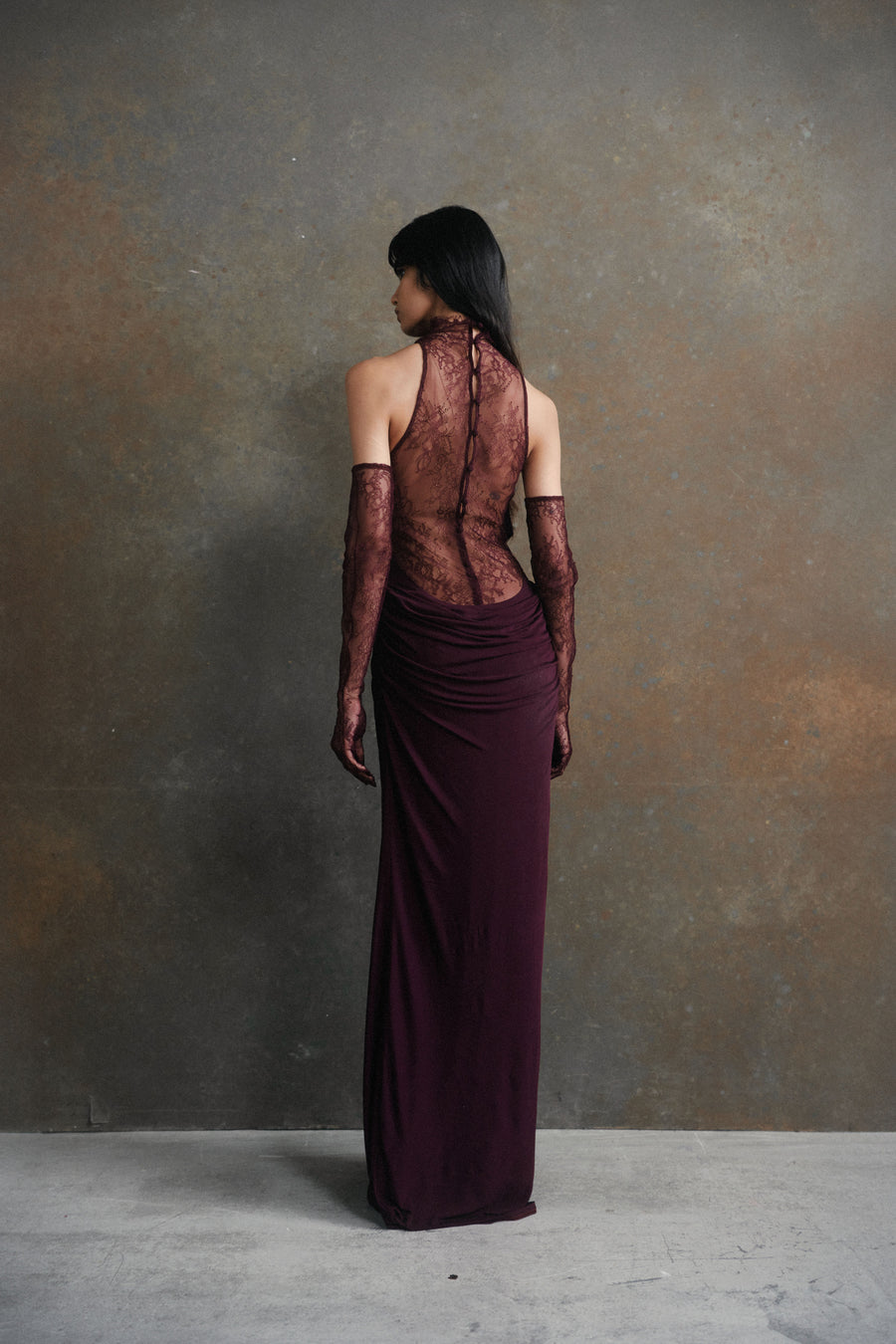 AMARYLLIS MAXI DRESS IN MAROON JERSEY & LACE