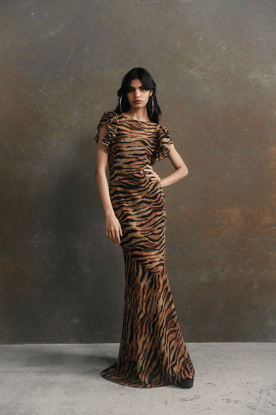 BOUGAINVILLEA MAXI DRESS IN SALVAJE ANIMAL PRINT CHIFFON