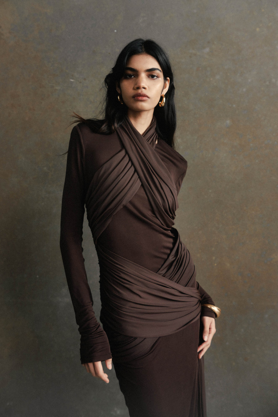 BALLAD MAXI DRESS IN CHOCOLATE BROWN JERSEY