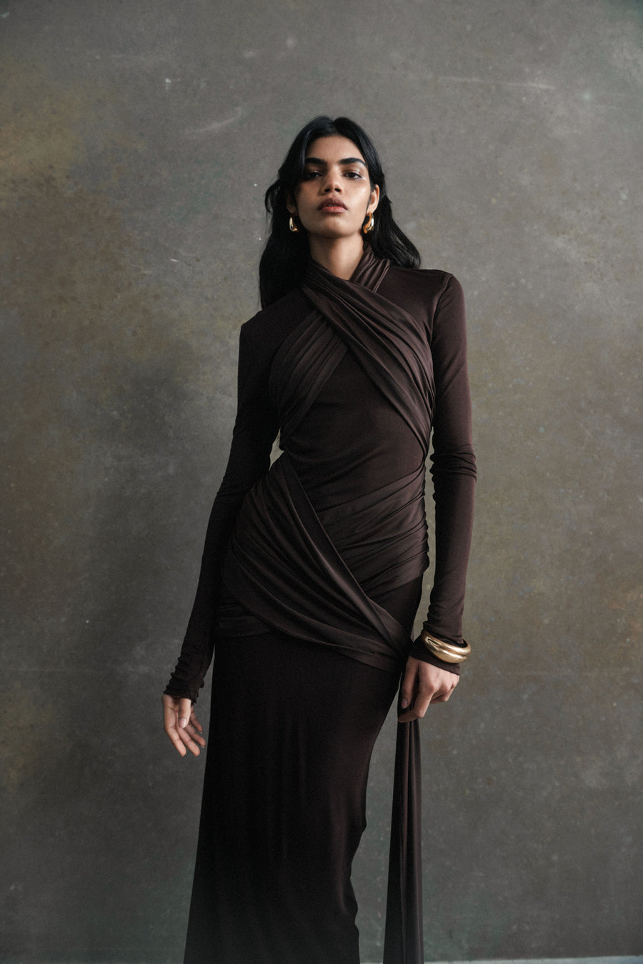 BALLAD MAXI DRESS IN CHOCOLATE BROWN JERSEY