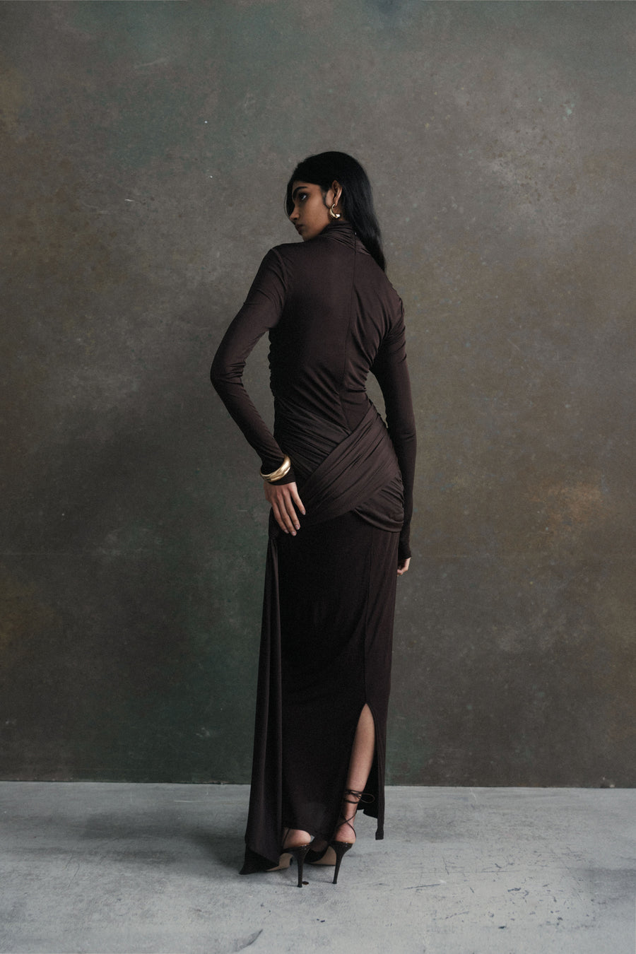 BALLAD MAXI DRESS IN CHOCOLATE BROWN JERSEY