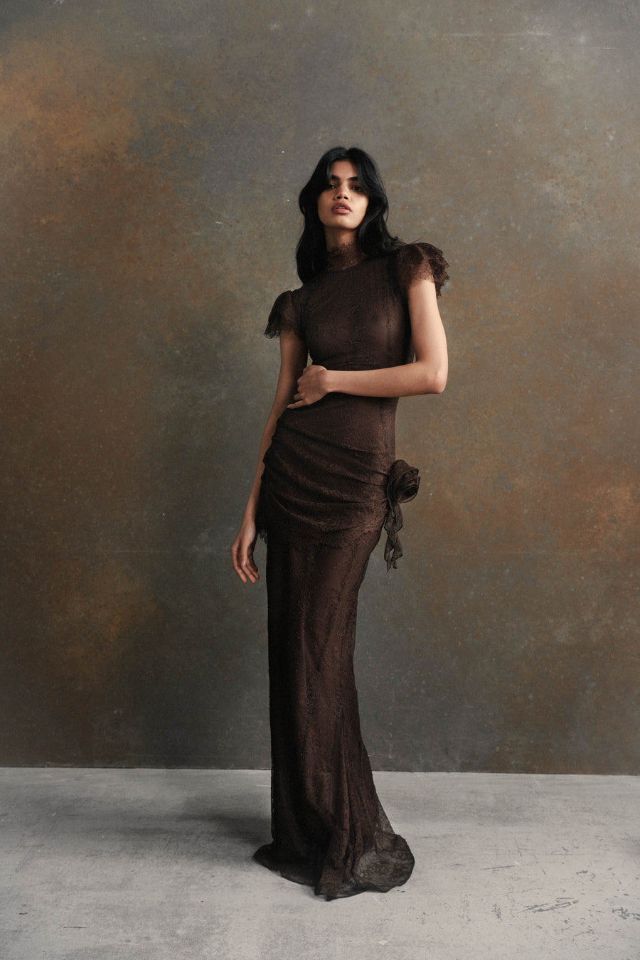 SILENTIUM MAXI DRESS IN CHOCOLATE BROWN LACE