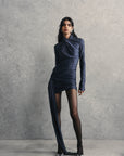 ARCADY MINI DRESS IN METALLIC DARK STEEL BLUE JERSEY