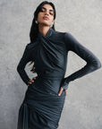 ARCADY MINI DRESS IN METALLIC DARK STEEL BLUE JERSEY