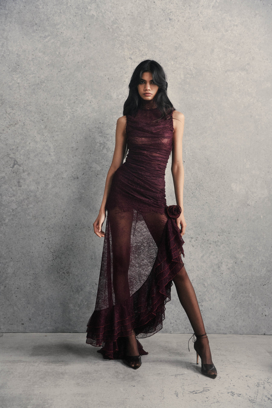 AUSTERE MAXI DRESS IN MAROON LACE