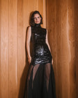 LIZETTE MAXI DRESS IN BLACK SEQUIN /CHIFFON