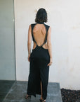 BALDASSAR LONG DRESS IN BLACK SATIN - De La Vali