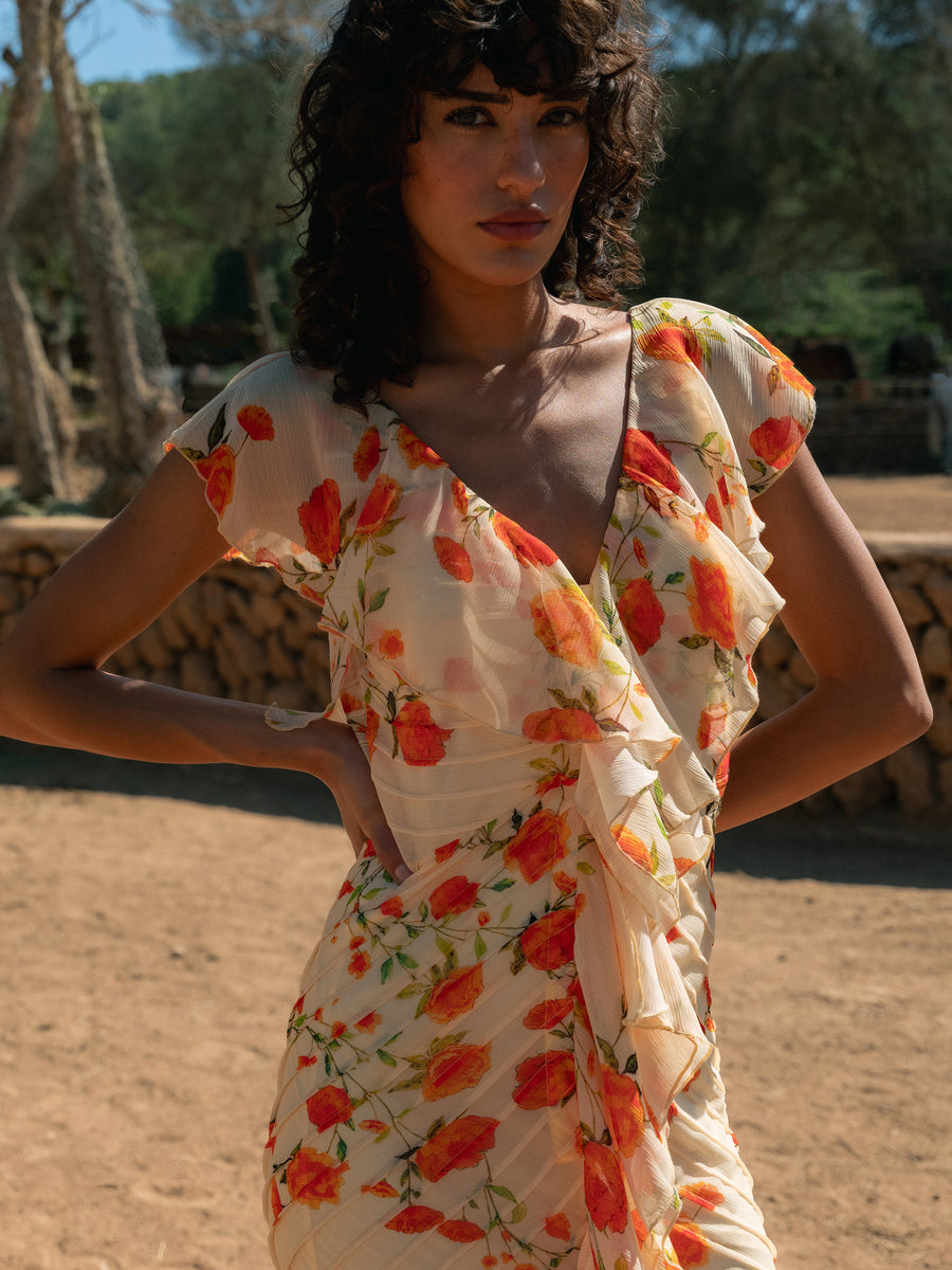 MACAROON MAXI DRESS IN IVORY & RED FLOR DE AMOR CRINKLE CHIFFON