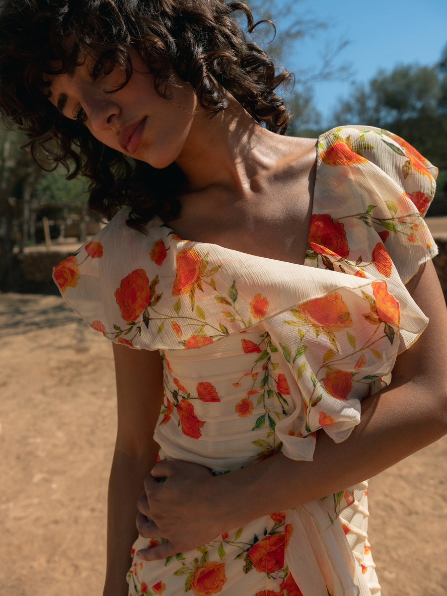 MACAROON MAXI DRESS IN IVORY & RED FLOR DE AMOR CRINKLE CHIFFON