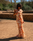 MACAROON MAXI DRESS IN IVORY & RED FLOR DE AMOR CRINKLE CHIFFON