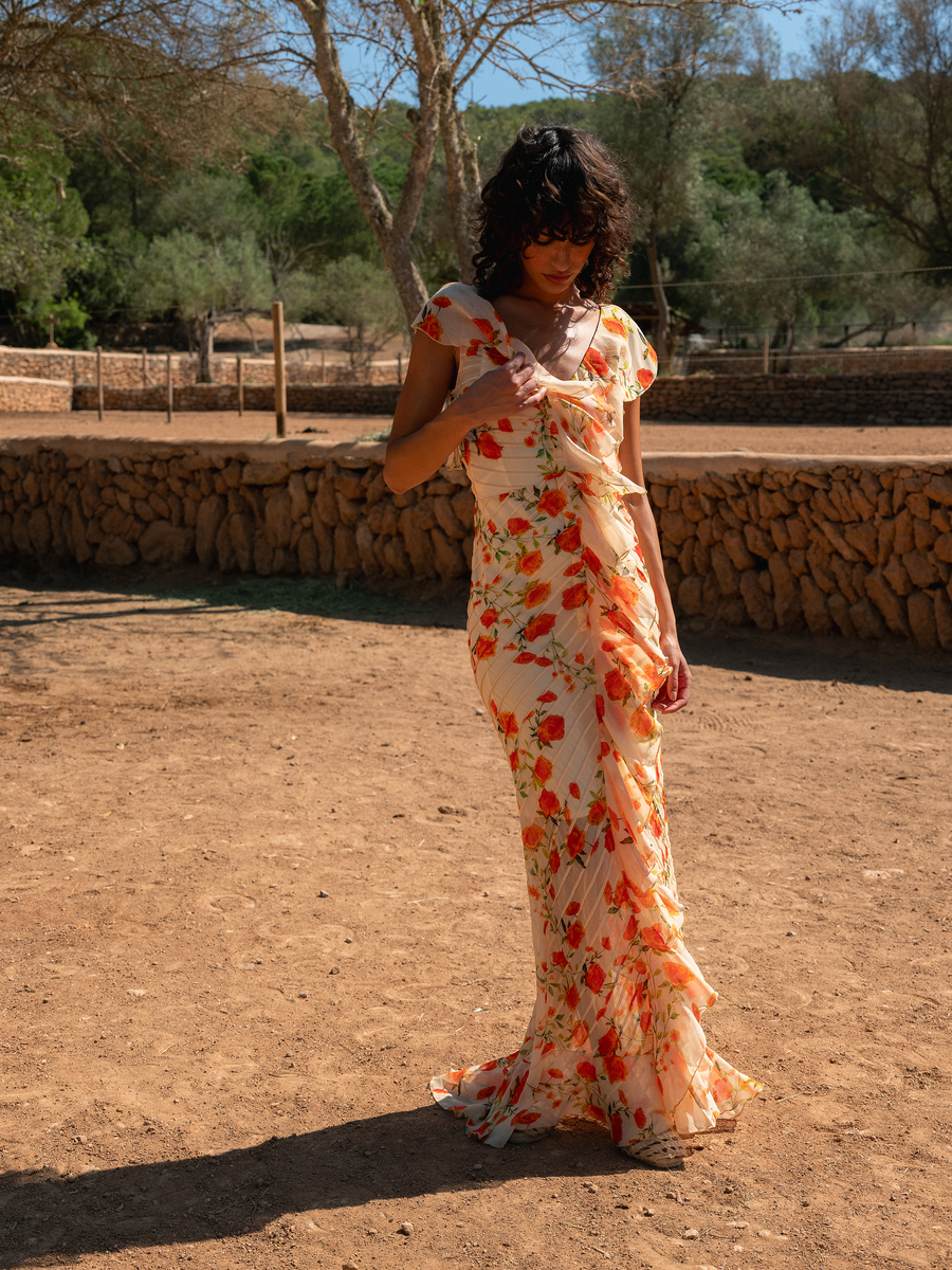 MACAROON MAXI DRESS IN IVORY & RED FLOR DE AMOR CRINKLE CHIFFON