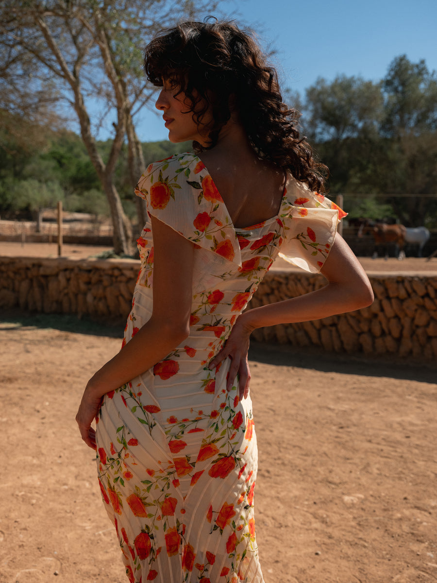 MACAROON MAXI DRESS IN IVORY & RED FLOR DE AMOR CRINKLE CHIFFON