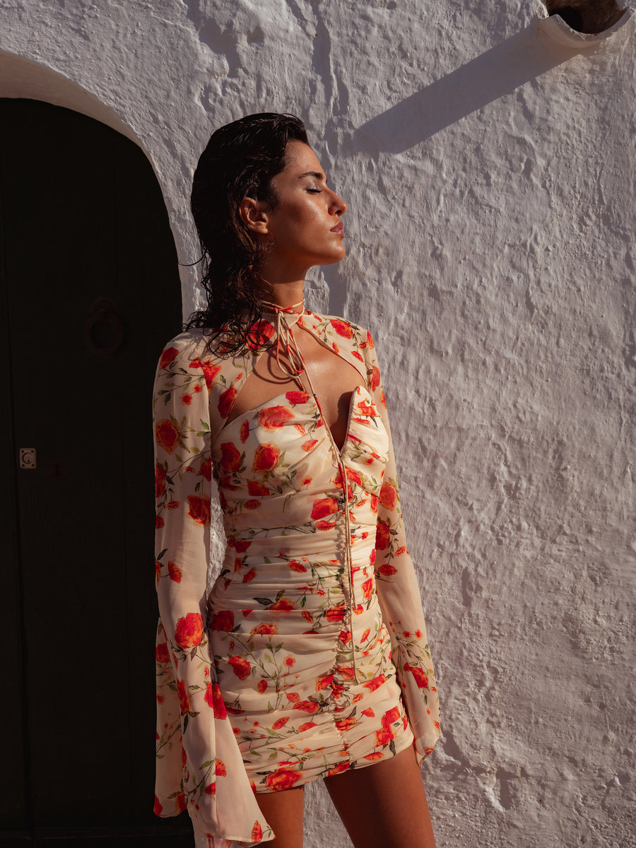 LORENA MINI DRESS IN IVORY & RED FLOR DE AMOR