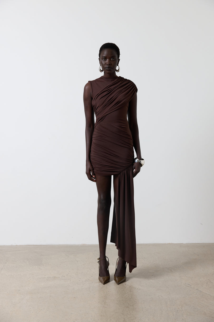 RAVENNA MINI DRESS IN CHOCOLATE BROWN JERSEY