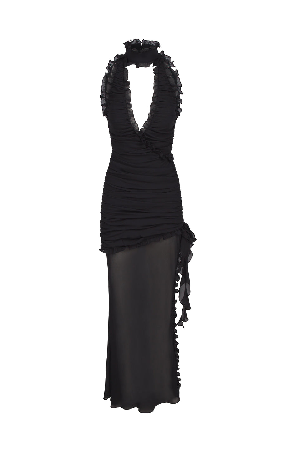 LILITH RUCHED MAXI DRESS IN BLACK CHIFFON - De La Vali