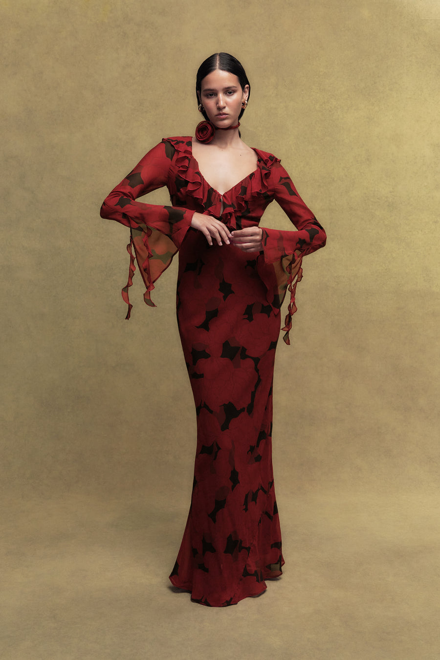 BISCOTTI SILK CHIFFON LONG DRESS IN SCARLET MAGNOLIA PRINT