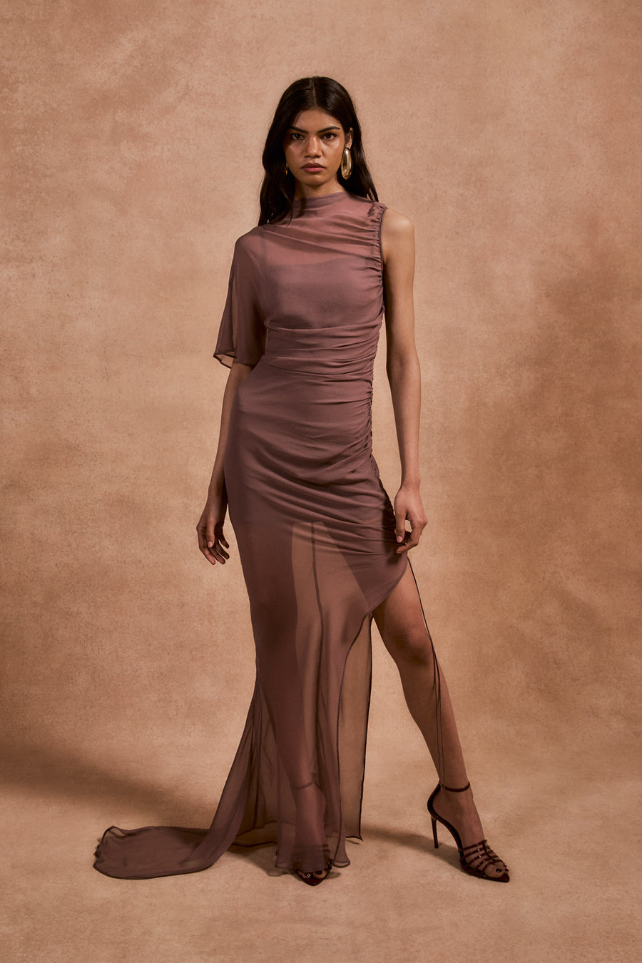 LUCHO MAXI DRESS IN ASH BROWN SILK CHIFFON