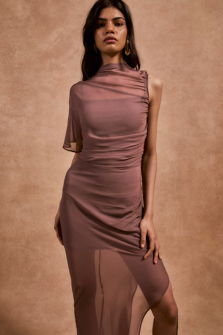 LUCHO MAXI DRESS IN ASH BROWN SILK CHIFFON