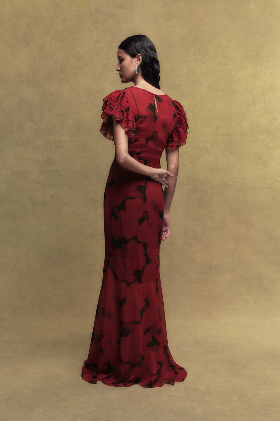 BOUGAINVILLEA CHIFFON MAXI DRESS IN SCARLET MAGNOLIA PRINT