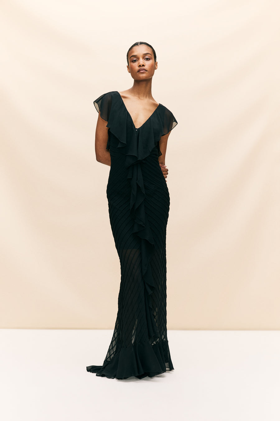 MACAROON MAXI DRESS IN BLACK CHIFFON DE LA VALI OFFICIAL