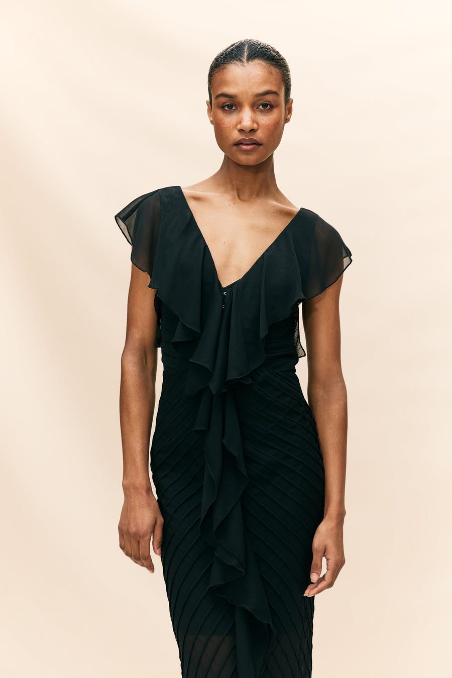 MACAROON MAXI DRESS IN BLACK CHIFFON