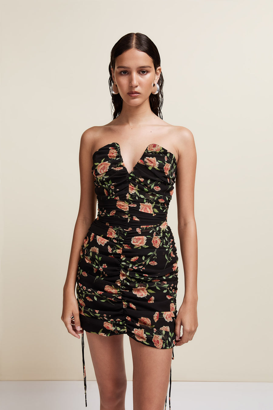 LORENA MINI DRESS IN BLACK & RED FLOR DE AMOR CHIFFON