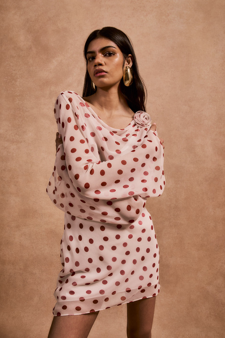 GRACIA MINI DRESS IN IVORY RED POLKA DOT SILK CHIFFON