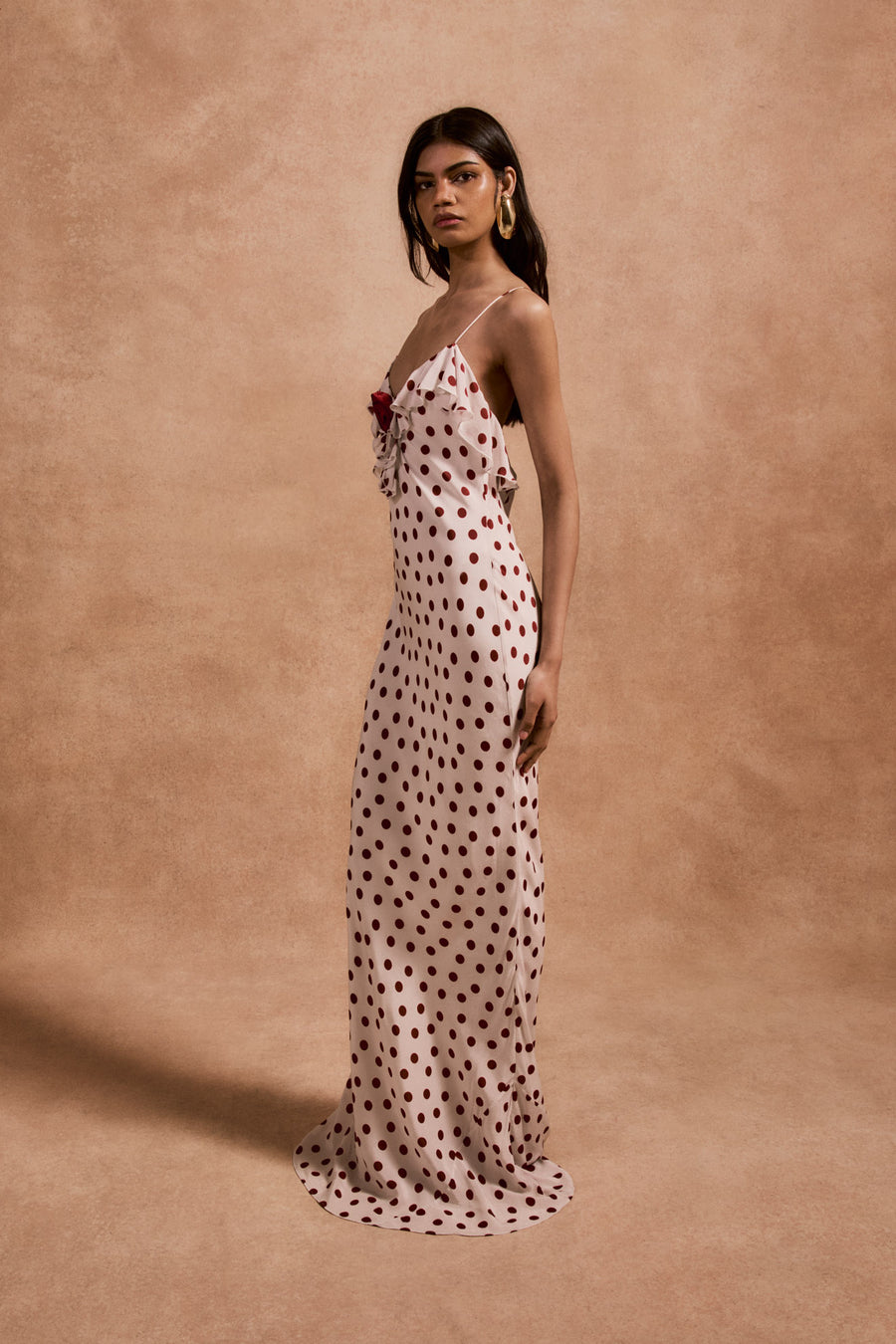 ESPERANZA LONG DRESS IN IVORY RED POLKA DOT CREPE DE CHINE