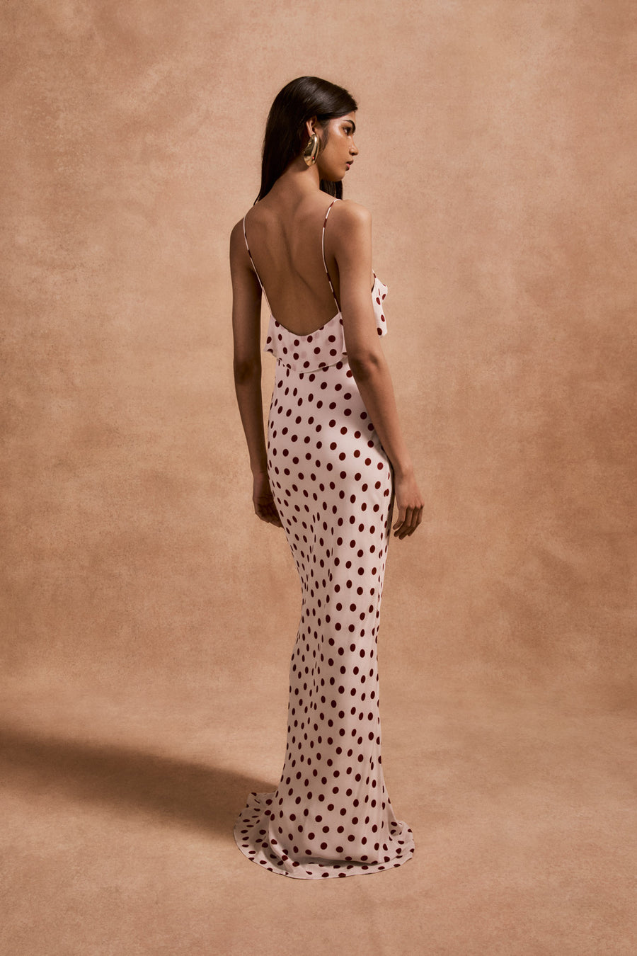 ESPERANZA LONG DRESS IN IVORY RED POLKA DOT CREPE DE CHINE