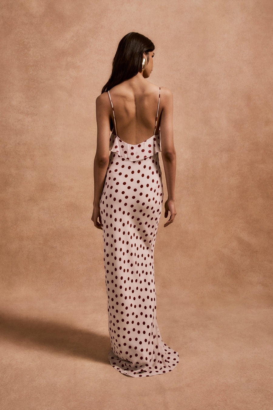 ESPERANZA LONG DRESS IN IVORY RED POLKA DOT CREPE DE CHINE