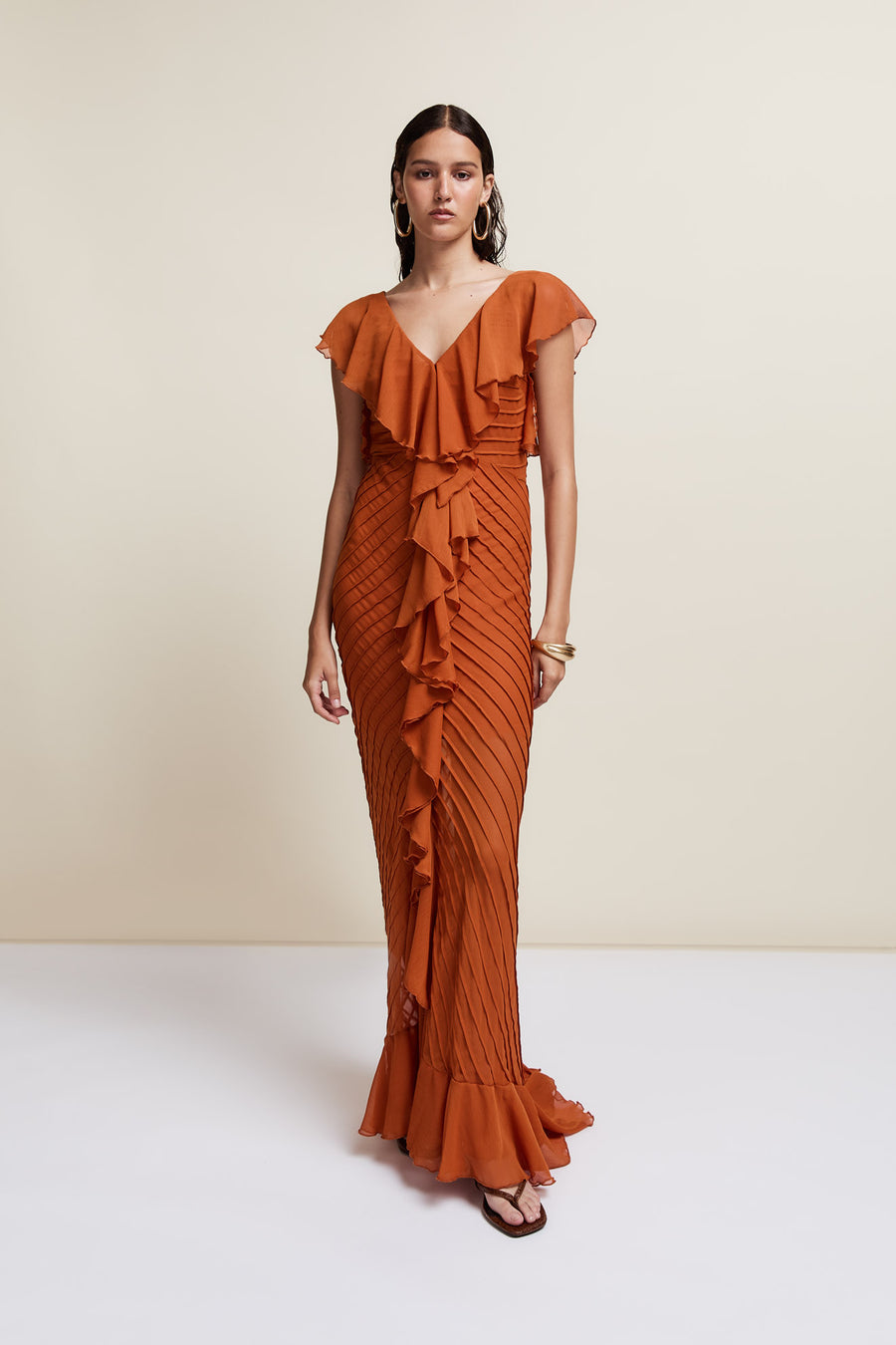 MACAROON MAXI DRESS IN TERRACOTTA CRINKLE CHIFFON