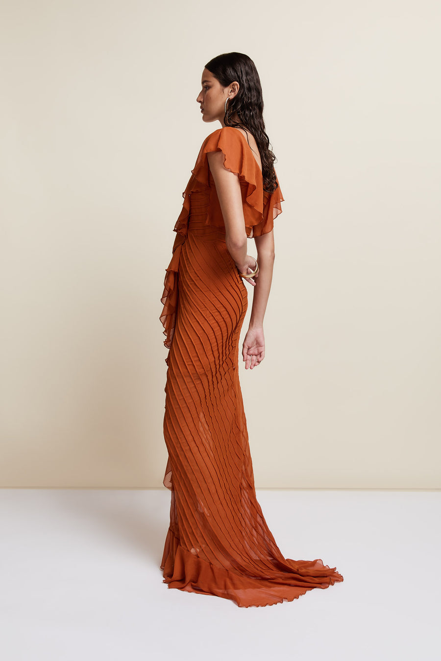 MACAROON MAXI DRESS IN TERRACOTTA CRINKLE CHIFFON