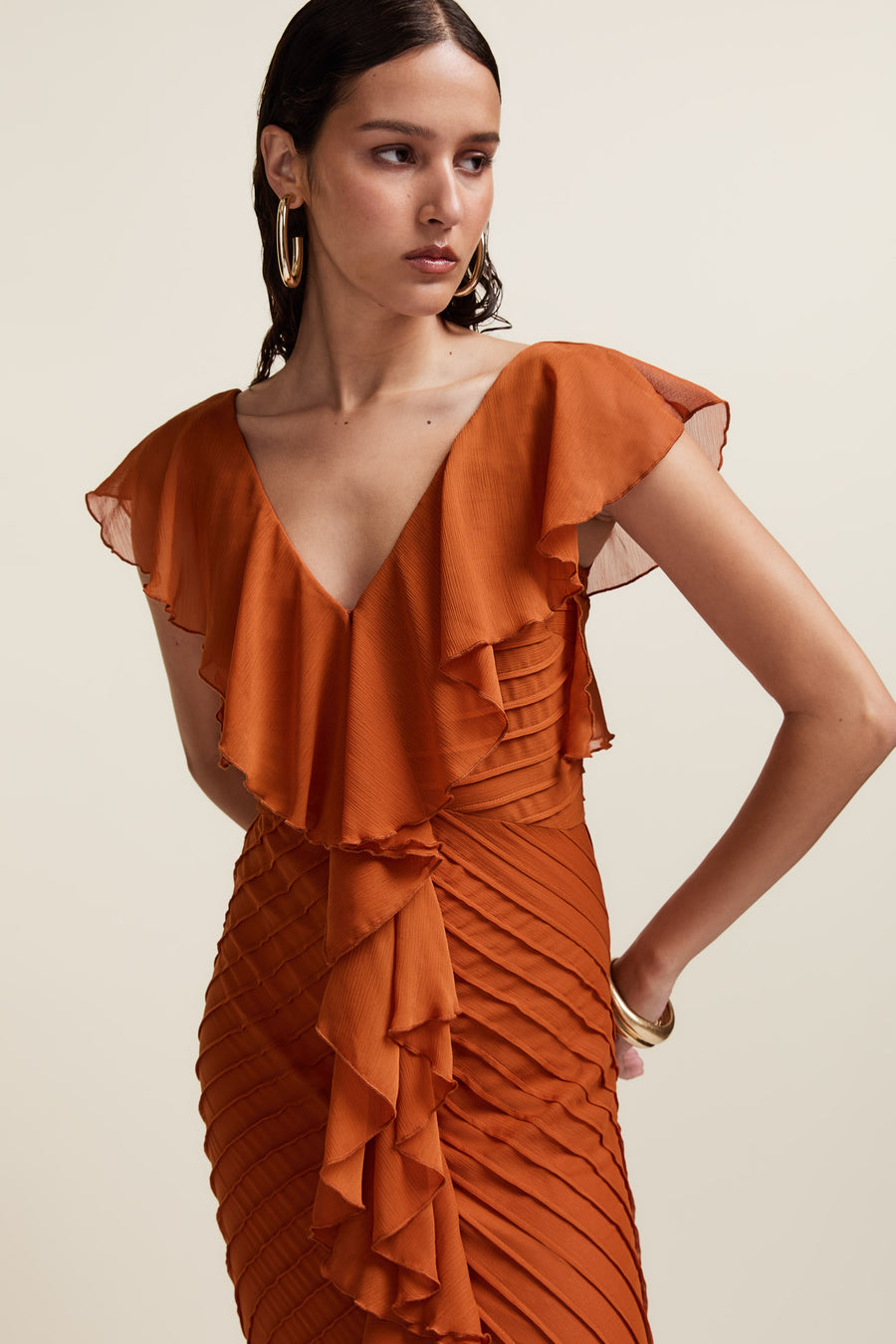 MACAROON MAXI DRESS IN TERRACOTTA CRINKLE CHIFFON