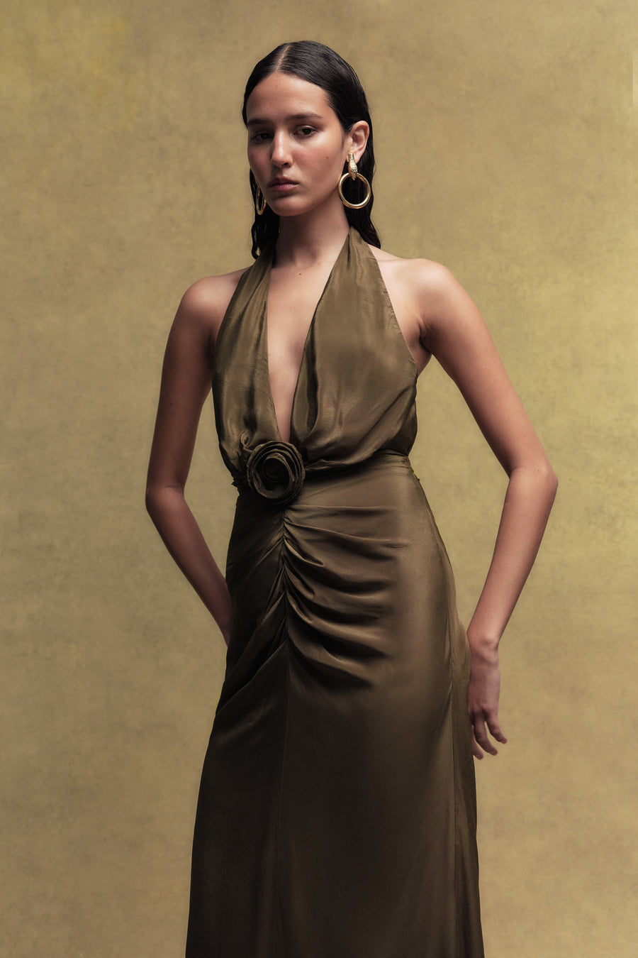 VIOLETTA CREPE DE CHINE MAXI DRESS IN OLIVE GREEN