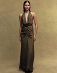 VIOLETTA CREPE DE CHINE MAXI DRESS IN OLIVE GREEN