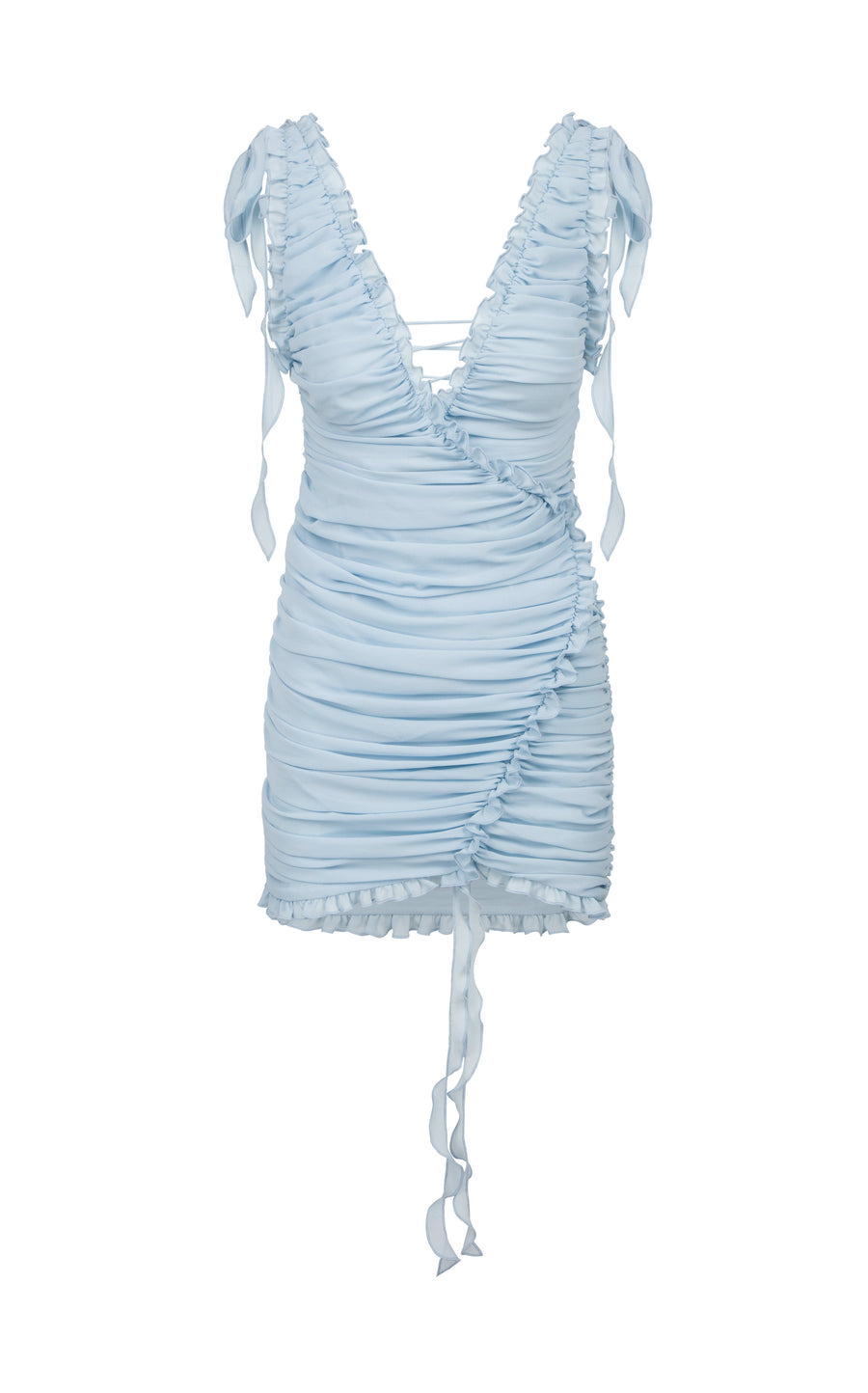 ROSE RUCHED MINI DRESS IN LIGHT BLUE CHIFFON - De La Vali